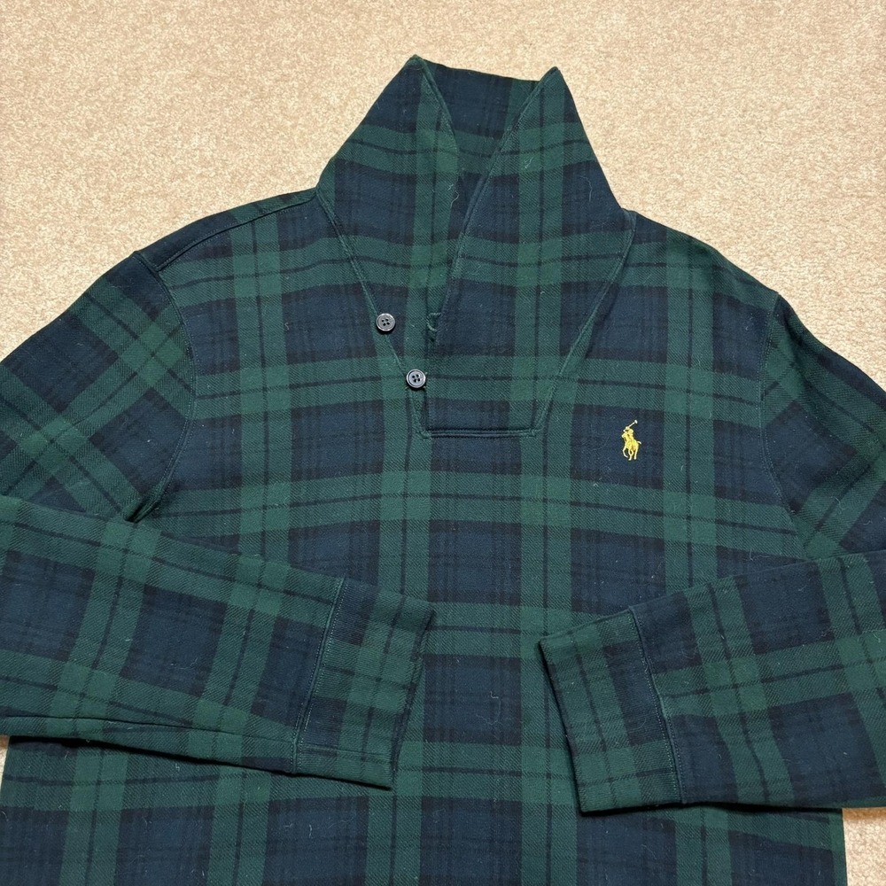 Polo Ralph Lauren Sweatshirt Mens Large Green Tartan Plaid Shawl Collar Preppy